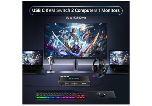 EZCOO USB-C KVM Switch 2x1, USB 2.0, 4K @ 120Hz 8bit RGB4:4:4 EZ-SW21CA-KVM - Afbeelding 3 van 10