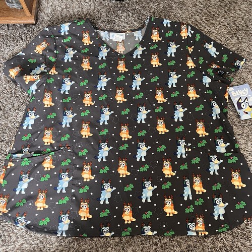 Bluey Bingo dog gray Christmas scrub top NWT 3XL women’s blue orange  - Picture 1 of 6