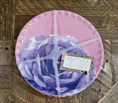 Set of 4 Jolie Fleur Roses 9” Plates Melamine Pink Purple Shabby Chic - Picture 2 of 5
