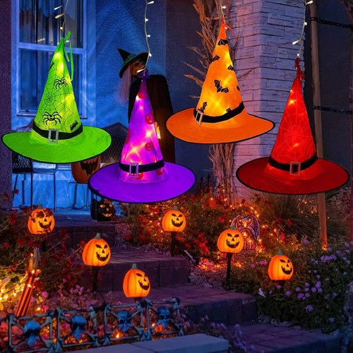 Halloween Witch Hat Lights Decorations Outdoor Upgraded 8pcs Hanging Glowing - Picture 5 of 8