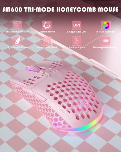 SM600 Pink Wireless Gaming Mouse with Honeycomb Shell, Side Buttons,Tri-Modes... - Picture 2 of 7
