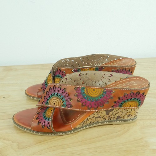 Spring Step L'artiste Sandals 41 9.5 10 Cork Wedge Heel Slip On Floral Leather - Picture 6 of 10