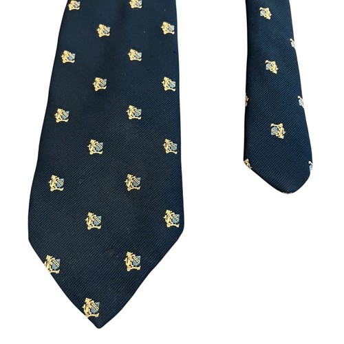 Navy Blue and Gold Tie with Crest Pattern - Picture 3 of 9