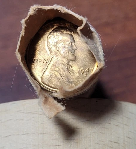 A 1947-S Lincoln Wheat Cent RED BU UNC Roll Hand-Rolled, came with OBW Roll