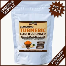 240 PILLS TURMERIC 95% CURCUMIN BLACK PEPPER GARLIC GINGER TUMERIC STRONGEST #1