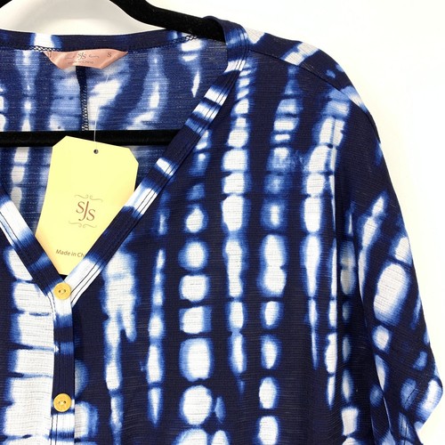 SJS Top Women's Sz S Tie Dye Button Front Shirt Blouse Tie Front White Blue NEW - Picture 3 of 6