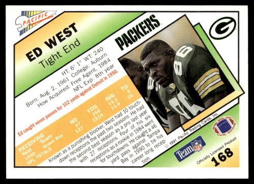 1991 Pacific Ed West Green Bay Packers #168 - Picture 2 of 2