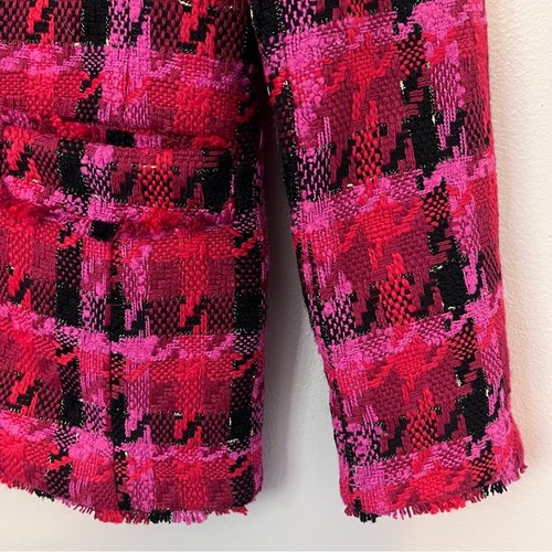 Ann Taylor Long Cardigan Blazer Jacke Hahnentritt Tweed Fransenbesatz rot rosa 4 - Bild 2 von 8