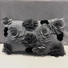 3D Floral Petal Applique Wool Decorative Pillow With Insert Gray Navy 11x19 