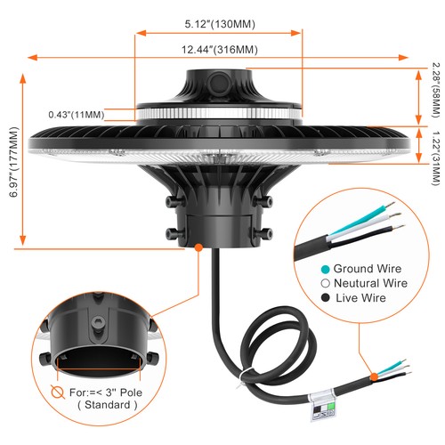 60W LED Post Top Light With Dusk to Dawn Parking Lot Garden Pole Fixture 8400LM - Picture 3 of 12