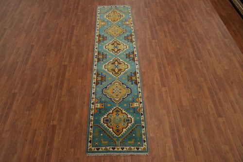 Handgefertigter Hellblauer Kasak Läufer Teppich 2x10 Fuß Traditionell Orientalisch Wollteppich - Bild 2 von 12