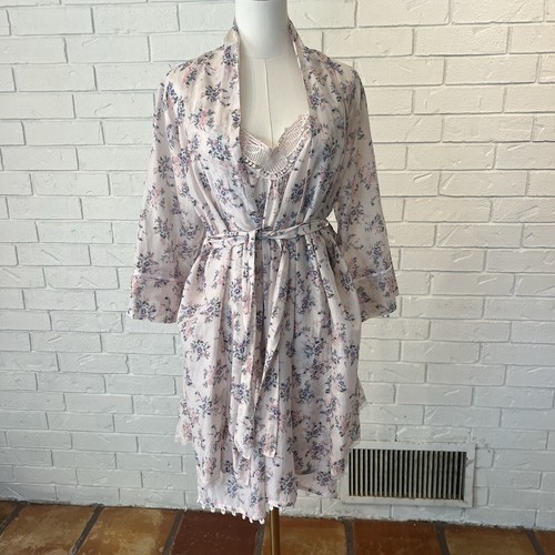 Papinelle Silk Cotton Pink Floral Nightgown and Robe Set womens Medium