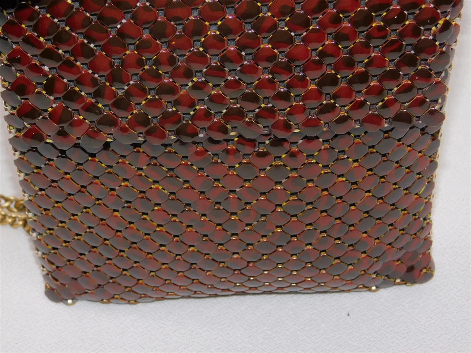 Vtg Whiting & Davis Red Brown Print Mesh MOD Purse Evening Bag with Gold Strap - Image 4 of 4