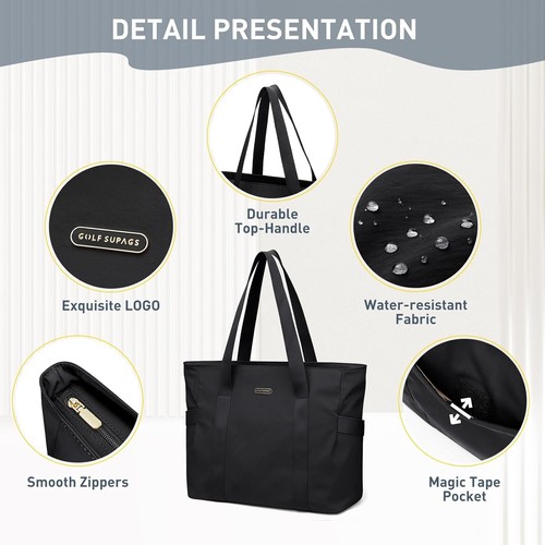Women's Large Black Tote Bag – Zipper Shoulder Purse Handbag for Travel & Work - Picture 4 of 8