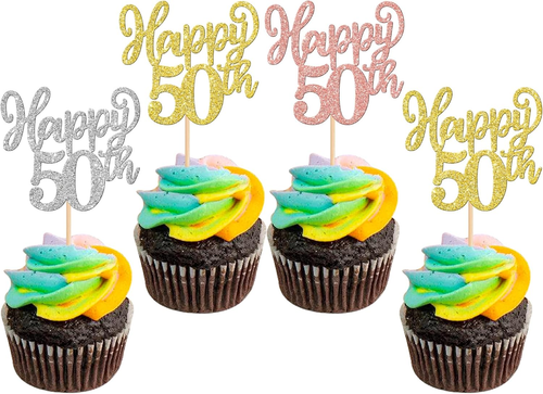 24 Pack Happy 50Th Cupcake Toppers Glitter Fifty Cheers to 50 Cupcake Picks 50 F - Picture 8 of 12