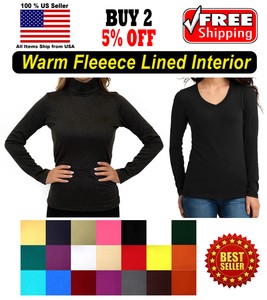 Warm Fleece Seamless Stretch Long Sleeve Turtleneck Mock High Neck V Neck Top