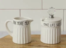 NEW FARMHOUSE Cottage CREAM SUGAR SET WHITE JARS Container 3.5 H & 5.5" H Chic