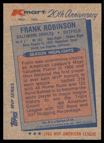 1982 Topps Kmart Frank Robinson Baseballl Cards #9 - Picture 2 of 2