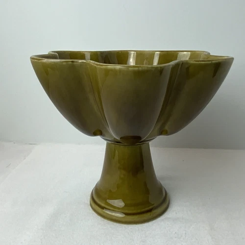 VTG Mid Century Art Pottery Fluted Edge Glazed Large Pedestal Fruit Bowl