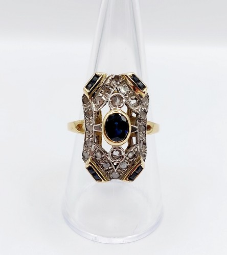 Anillo marquesa art deco oro 18k zafiro, diamante talla rosa y zafiros calibr... - Imagen 5 de 10