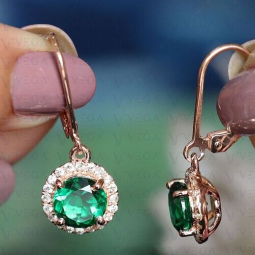 3.60Ct Round Shape Natural Emerald & Diamond Dangle Earring 14K Rose Gold Plated - Picture 3 of 8