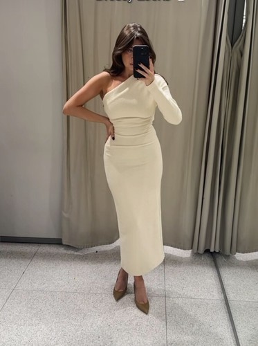 ZARA NWT WOMAN TEXTURED ASYMMETRIC MIDI DRESS BEIGE | 8805/017 ALL SIZES - 第 20/24 張圖片