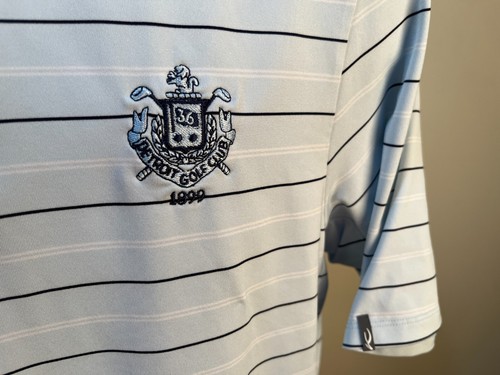 KJUS Men's blue and white striped Detroit Golf Club short sleeve polo shirt 50/M - Picture 2 of 7