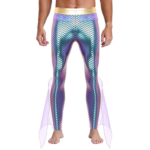 UK Mens Mermaid Sea God Dress-Up Shiny Fishscale Tights Pants /Crop Top Costume - Picture 46 of 52
