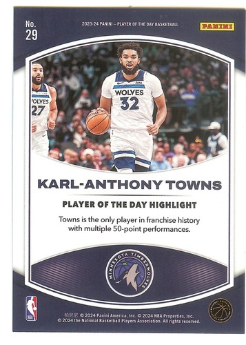 2023-24 Panini Player of the Day Karl-Anthony Towns Blue Foil #'d 20/50 Minn - Bild 2 von 2