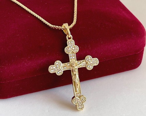 Luxus Halskette Jesus Kreuz Anhänger Zirkonia 585er Gold 14K vergoldet 45cm Uni - Bild 5 von 7