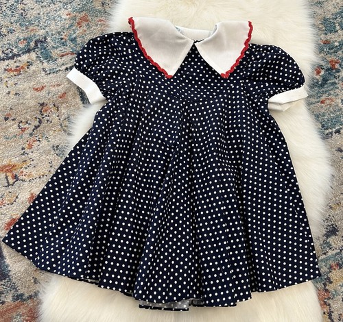 Vintage Peaches 'N Cream Dress Blue White Polka Dot ABC Girls Size 4T - Picture 6 of 8