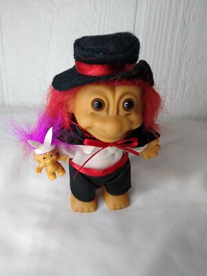Russ Troll Magician Red Hair With Mini Troll Rabbit Pink Hair Hat Cape 5''