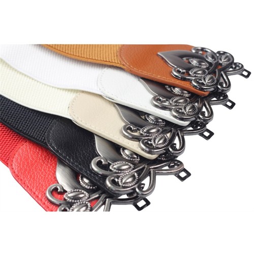 Women Metal Flower Clasp Buckle Waistband Solid Stretch Belt Faux Leather Corset - Picture 2 of 10