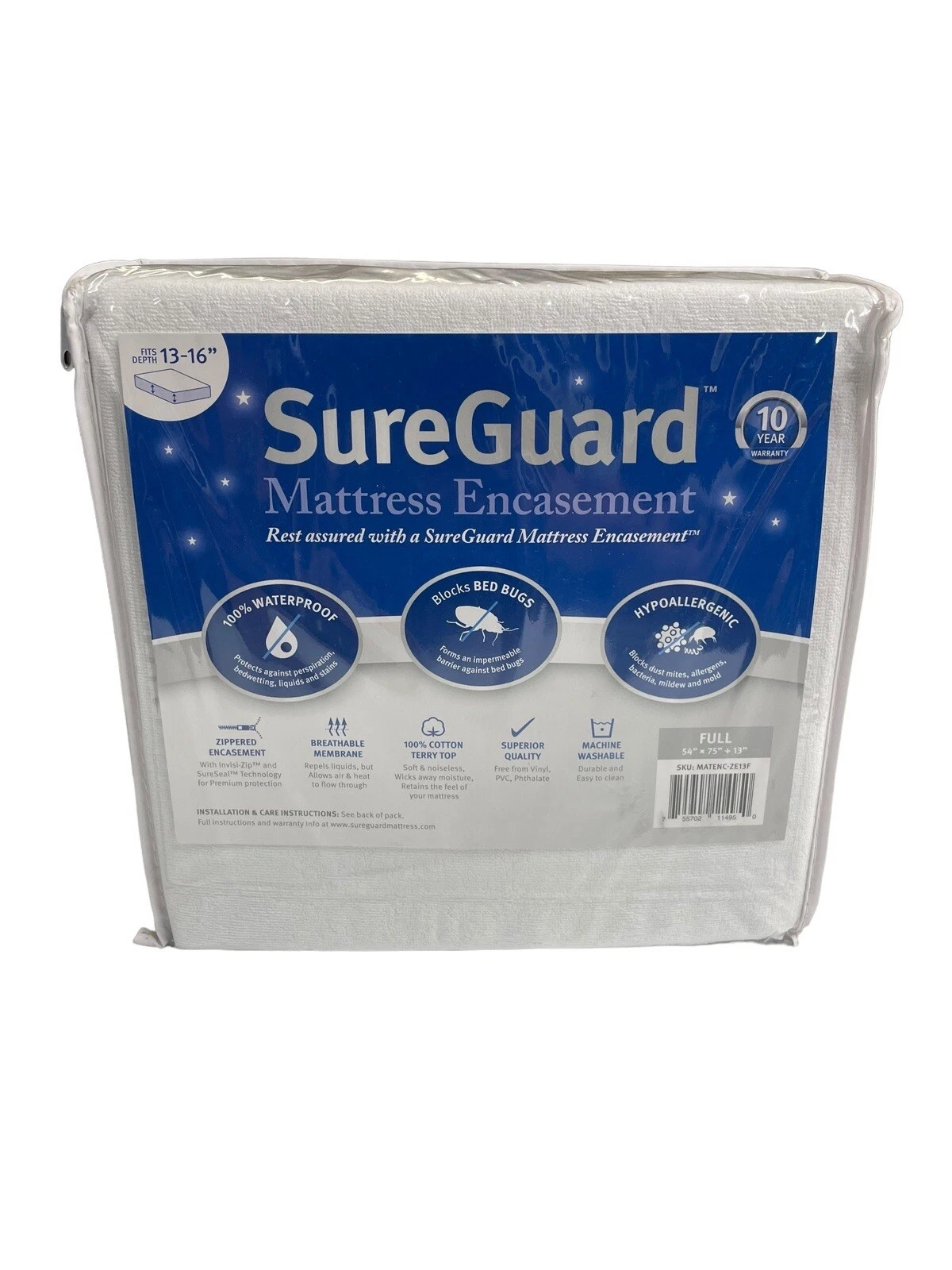 Full (13-16 in. Deep) SureGuard Mattress Encasement 100% waterproof white