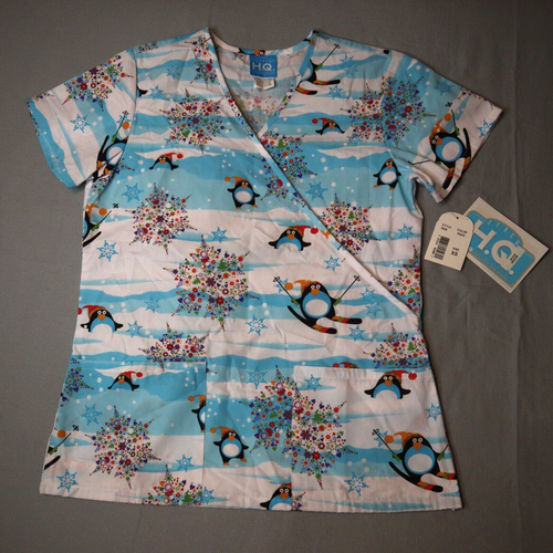 HQ nursing scrub top womens XS Extra Small Penguin Skiing Snow Fun Cute V Neck - Picture 2 of 13