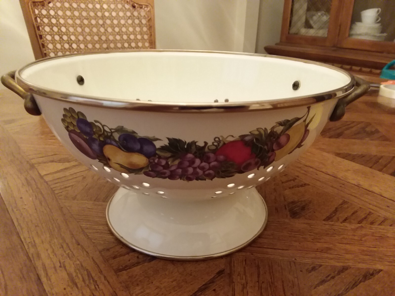 CREAM COLORED ENAMEL COLANDER/STRAINER WITH BRASS HANDLES, CORNUCOPIA