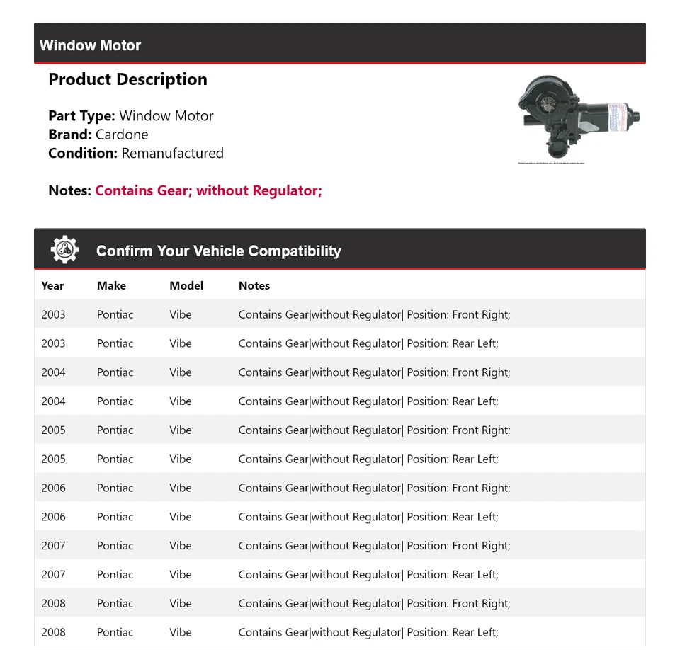 Para Pontiac Vibe 2003-2008 Ventana Motor Cardone 2004 2005 2006 2007 Foto 2 de 4