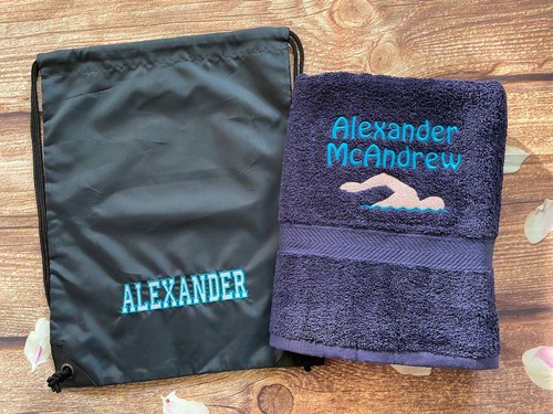 Swimming towel and bag set, embroidered with name, personalised. Swimmer motif - Picture 20 of 20