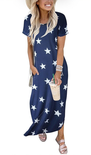 Star Maxi Dress USA Patriotic Blue Casual Loose Long Pockets Women Med ANRABESS - Picture 5 of 8