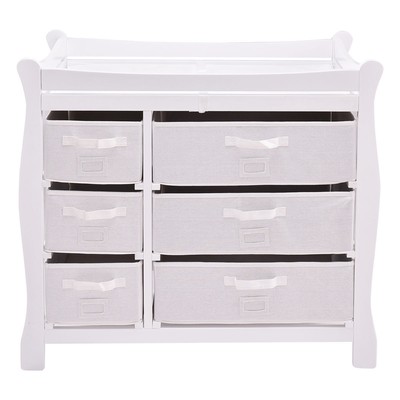 White Sleigh Style Baby Changing Diaper 6 Table Dresser Basket