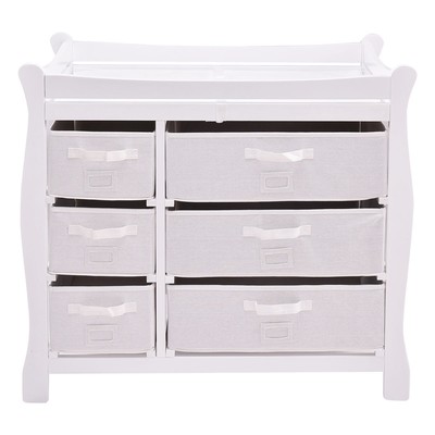 White Sleigh Style Baby Changing Diaper 6 Table Dresser Basket