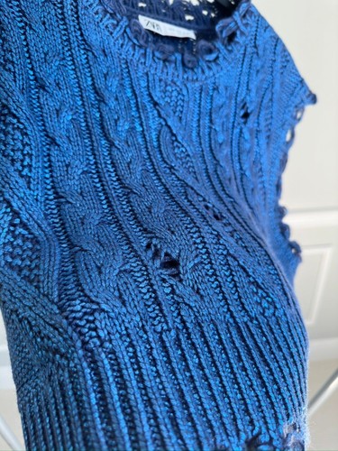 Woman Crop Sweater Metallic Sleeveless Large Blue Knit Vest Foil Round Neck - Picture 13 of 16