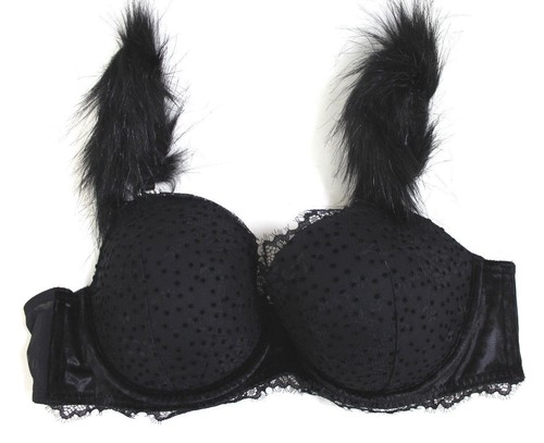 Victoria's Secret Black Lace Velvet Faux Fur Plunge Demi Bra Size 34DD Black - Picture 1 of 6