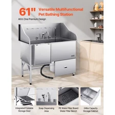 VEVOR 304 Stainless Steel Dog Washing Station, 61 Inch Pet Grooming Tub with Non