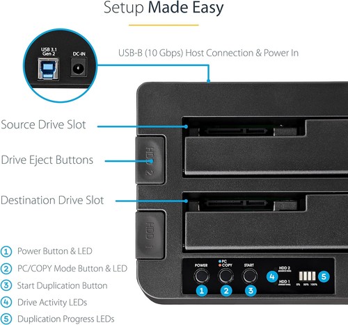 StarTech.com Standalone Hard Drive Duplicator, Dual Bay HDD/SSD Cloner/Copier, U - Picture 5 of 6