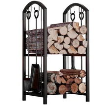 Fireplace Firewood Log Rack 5-Piece Storage Logs Holder with Tools Set with 4...