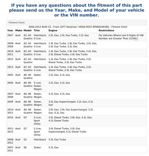 2008-2012 AUDI S3 - Front LEFT Headrest / HEAD REST 8P0881901BG - Picture 6 of 6