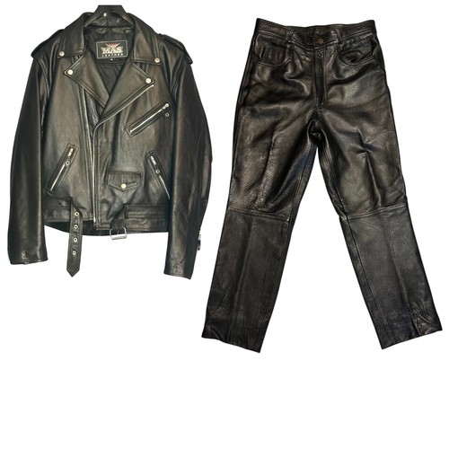 Vintage MAS Leather Black Moto Biker Jacket Belted Sz Medium Silver Zip Pockets - Picture 17 of 18