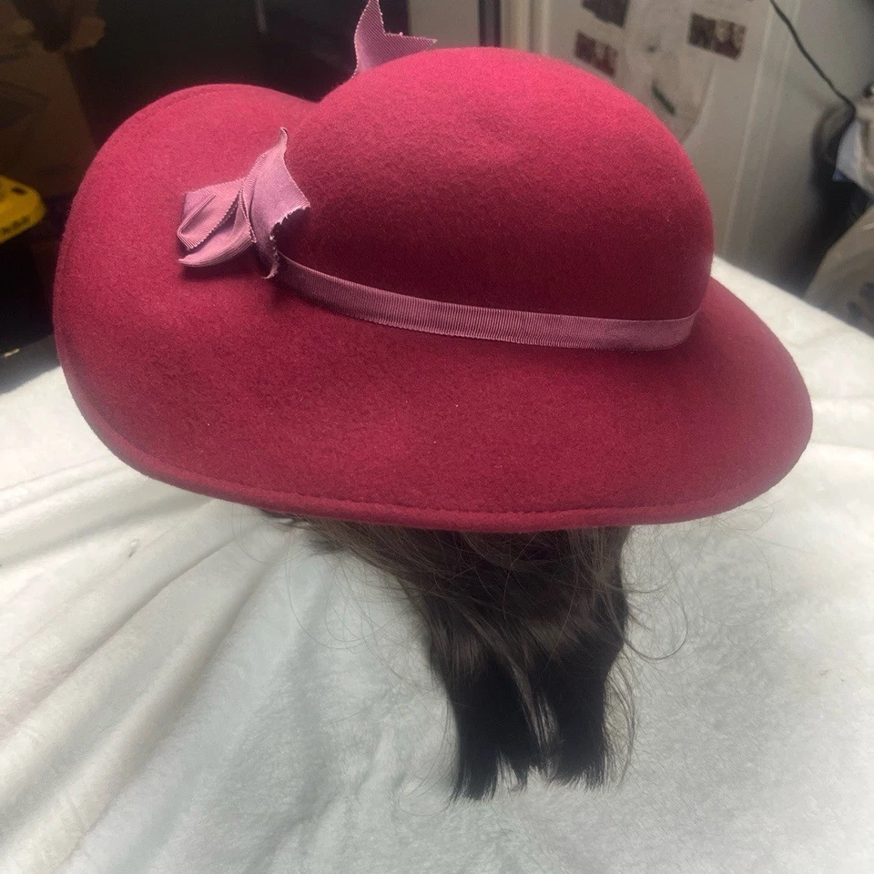 Geo Bollman & Co шляпа SZ OS красный широкополый лента бант Dokin войлок винтажный США - Изображение 4 из 4