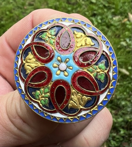 ENAMELLED BUTTON ANCIEN BOUTON EMAILLE EMAIL EMAUX CLOISONNES FLEUR DE LYS 19EME - Imagen 3 de 3